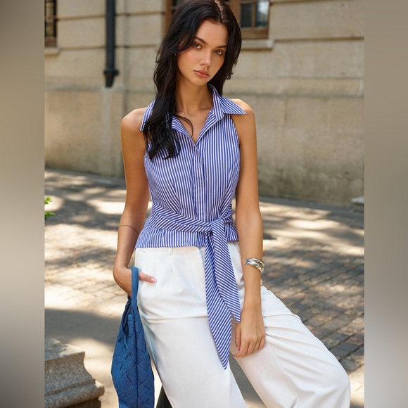 Striped Tie-Waist Crop Top - Picture 1 of 6